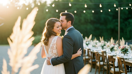 Beautiful wedding couple is hugging and kissing on the background of the archの素材