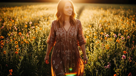 Beautiful young hippie woman walking in the field at sunset.の素材