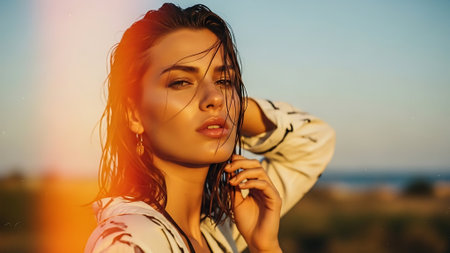 Portrait of a beautiful young woman in the field at sunset.の素材