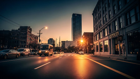 Sunset on the streets of Boston, Massachusetts, United States.の素材