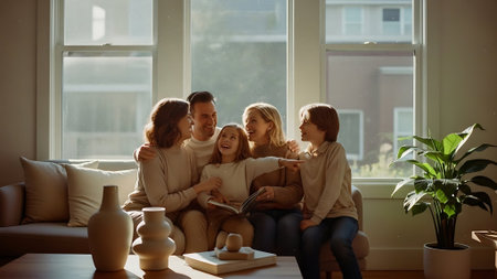 Happy family sitting on sofa and reading book. Mother, father and children spending time together at home.の素材