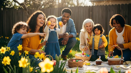 Happy multiethnic family celebrating easter together in the garden.の素材