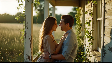 Beautiful young couple on the porch of an old country house.の素材