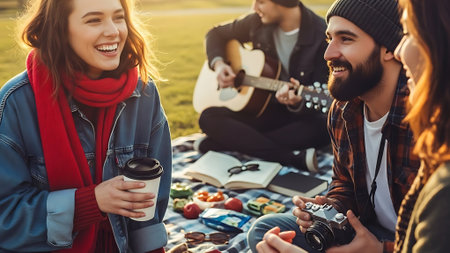 Group of friends having picnic in the park. They are playing guitar, drinking coffee and smiling.の素材