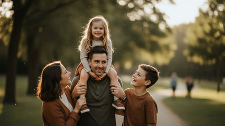 happy family with little daughter and son having fun together in autumn parkの素材