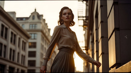 Beautiful young brunette woman in beige coat walking in the city at sunsetの素材