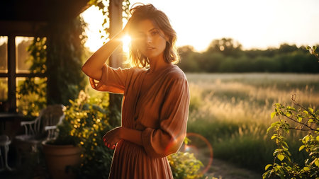 Portrait of a beautiful young woman standing in the garden at sunsetの素材