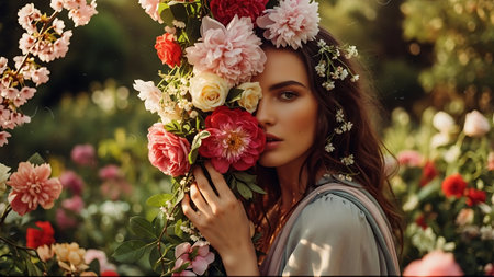 Beautiful young woman in a wreath of flowers on her headの素材