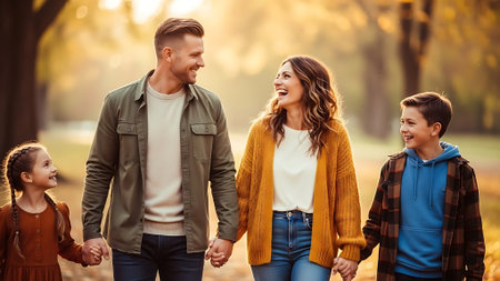 Happy family walking in autumn park. Mother, father and their children.の素材