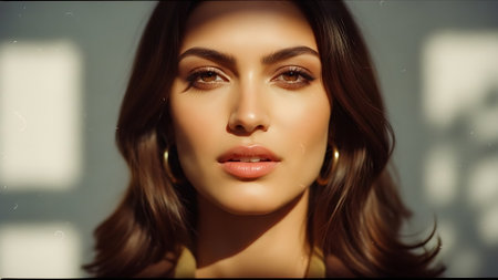 Portrait of a beautiful young brunette woman with makeup in fashion clothesの素材