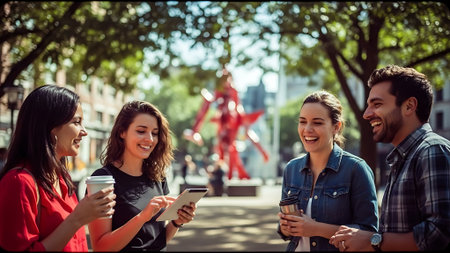 Group of friends talking and drinking coffee together in the city. They are using a smartphone and smiling.の素材