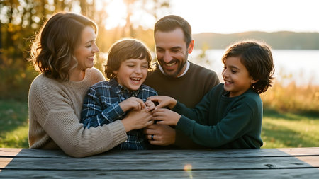 Portrait of a happy family on a picnic in the park at sunsetの素材