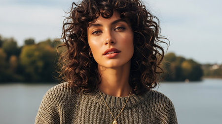 Portrait of a beautiful young woman with curly hair in a knitted sweaterの素材