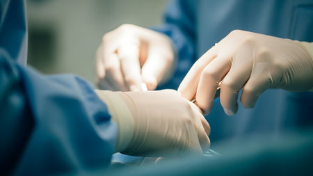 Surgeons hands at work in operating room toned in blue.の素材