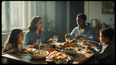 Happy family having dinner together at home. Young man and woman sitting at the table and eating chicken.の素材