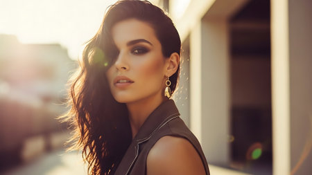 fashion outdoor photo of beautiful sensual woman with dark hair in elegant dress posing in summer cityの素材