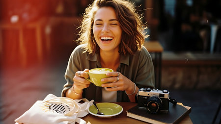 Image of happy young woman sitting in cafe drinking coffee. Looking aside.の素材