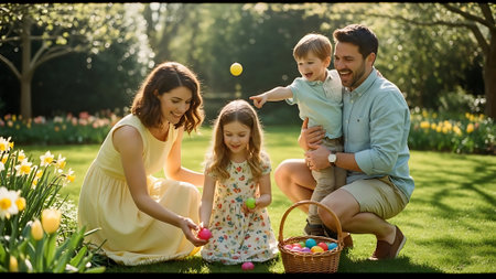 Happy family with two kids having fun on Easter egg hunt in parkの素材