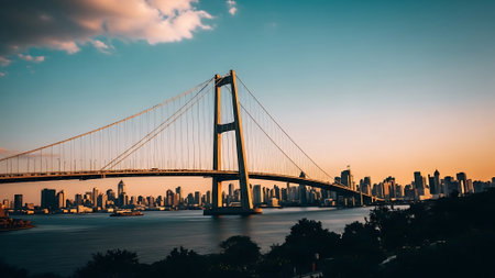 Suspension bridge in Hong Kong city at sunset, China.の素材