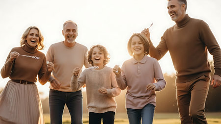 Happy family having fun outdoors. Mother, father and their children having fun together.の素材