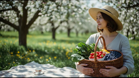 Beautiful young woman with basket of fresh vegetables in blooming gardenの素材