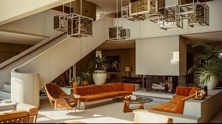 Interior of a modern living room with orange sofa and brown armchairsの素材