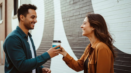 smiling young couple with coffee to go looking at each other outdoorsの素材