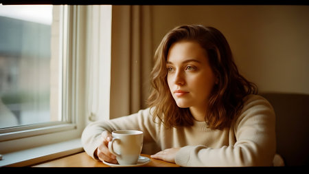 Beautiful young woman drinking coffee in a cafe. Portrait of a girl in a cafe.の素材
