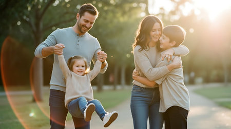 Happy family playing in the park. Father, mother and children having fun outdoors.の素材