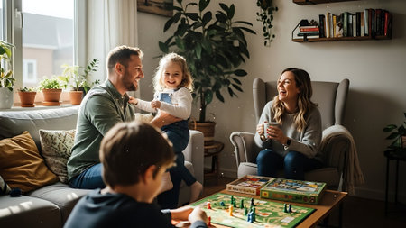 Happy family playing board games at home. Mother, father and children spending time together.の素材