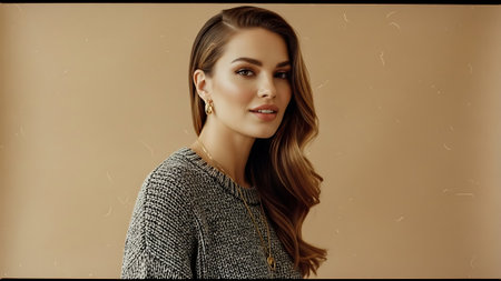 beautiful young woman in grey sweater looking at camera on beige backgroundの素材