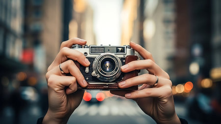 Woman taking a photo with vintage camera in New York City, USAの素材