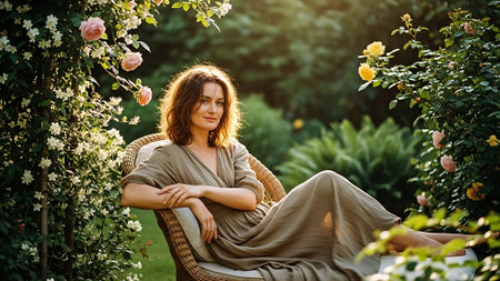 Portrait of a young beautiful woman sitting in a wicker chair in the garden.の素材