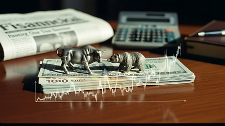 Stock market graph and candlestick chart with bull, bear, bear, piggy bank and calculator on the table.の素材