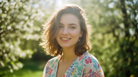 Portrait of a young beautiful woman in the spring garden on a sunny dayの素材