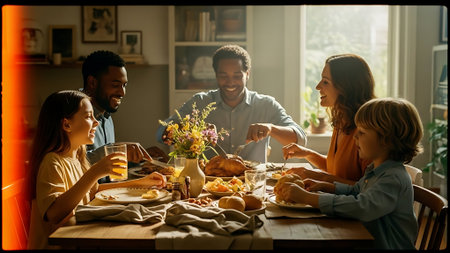 Happy family having dinner together at home. Mother, father and children sitting at the table and eatingの素材