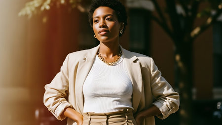 beautiful african american woman in beige suit posing on streetの素材