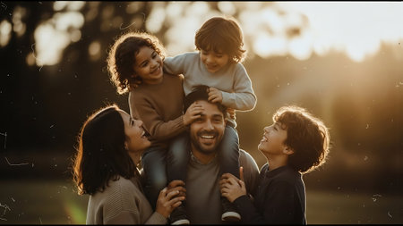 Portrait of happy family spending time together outdoors in the park.の素材