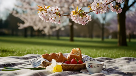 Breakfast with croissants, strawberries and daffodilsの素材