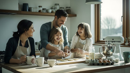 Happy family cooking cookies in the kitchen. Mother, father and their children are preparing cookies.の素材