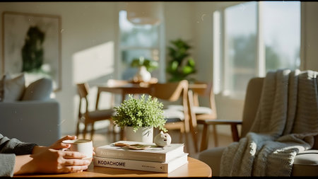Woman holding a cup of coffee and reading a book in a cafeの素材