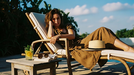 young woman relaxing on sun lounger with cocktail and book on beachの素材