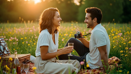Young couple having picnic in the meadow at sunset. They are looking at each other and smiling.の素材