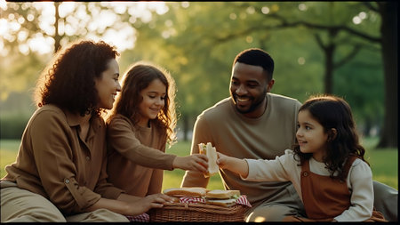 Happy family having picnic outdoors. Mother, father and daughter having picnic together.の素材