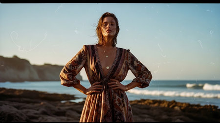 Portrait of a beautiful woman in a dress on the beach.の素材