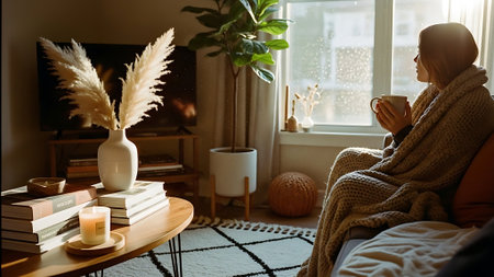 Relaxing at home. Side view of beautiful young woman wrapped in a warm plaid and drinking coffee while sitting on the sofa at homeの素材