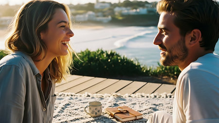 Image of a happy young loving couple outdoors at the beach drinking coffee.の素材