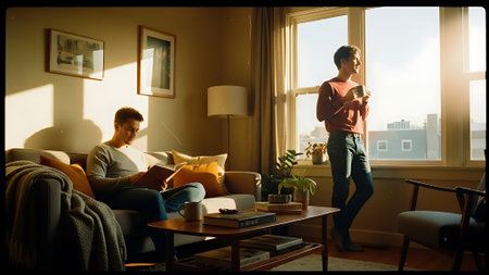 Young couple using mobile phones and drinking coffee in the living room at homeの素材