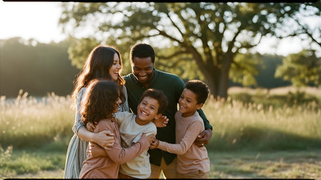 Happy family playing in the park at sunset. Mother, father and children.の素材