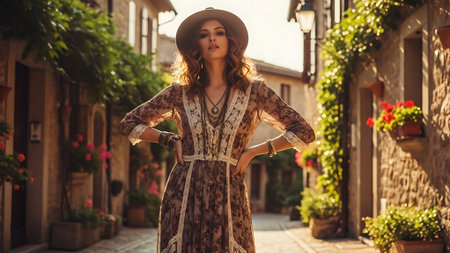Beautiful young woman in hat and dress walking in the old townの素材